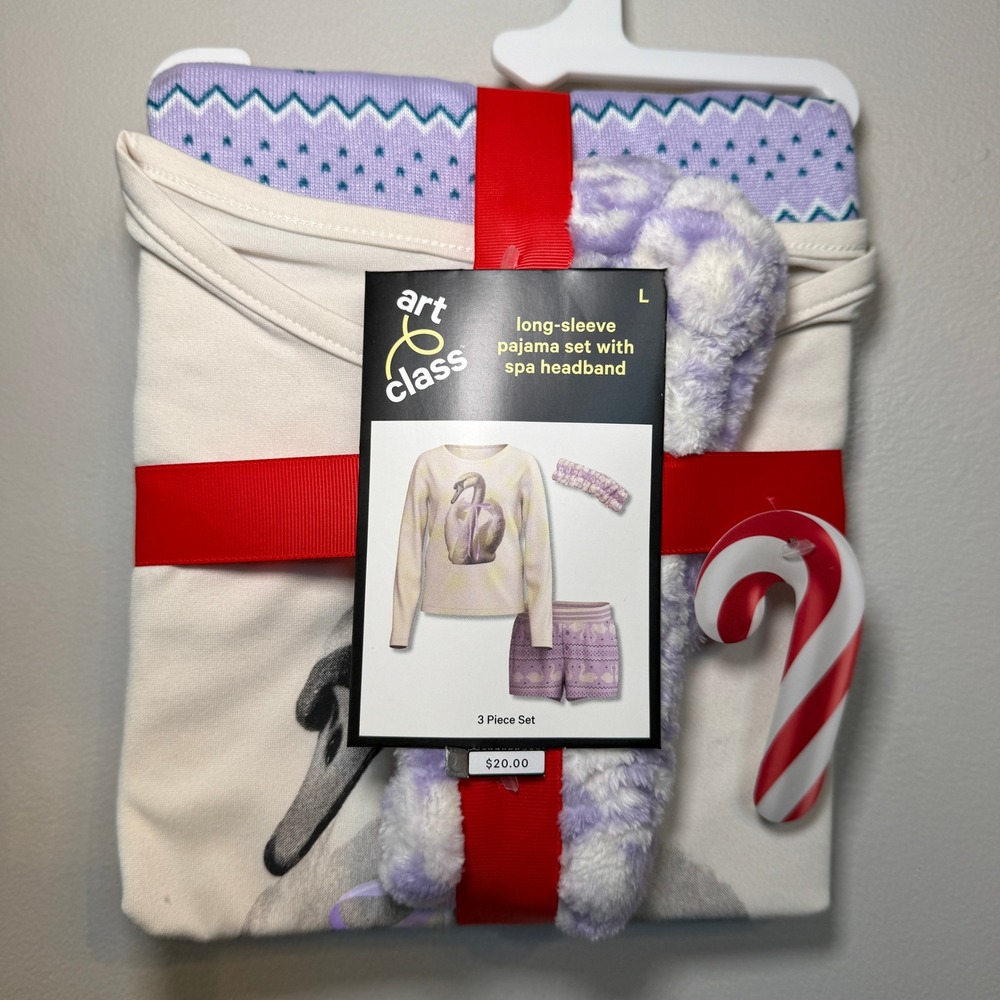 Art Class Girls Swan Pajama Set 3 Piece Long Sleeve Shorts Headband Large NEW